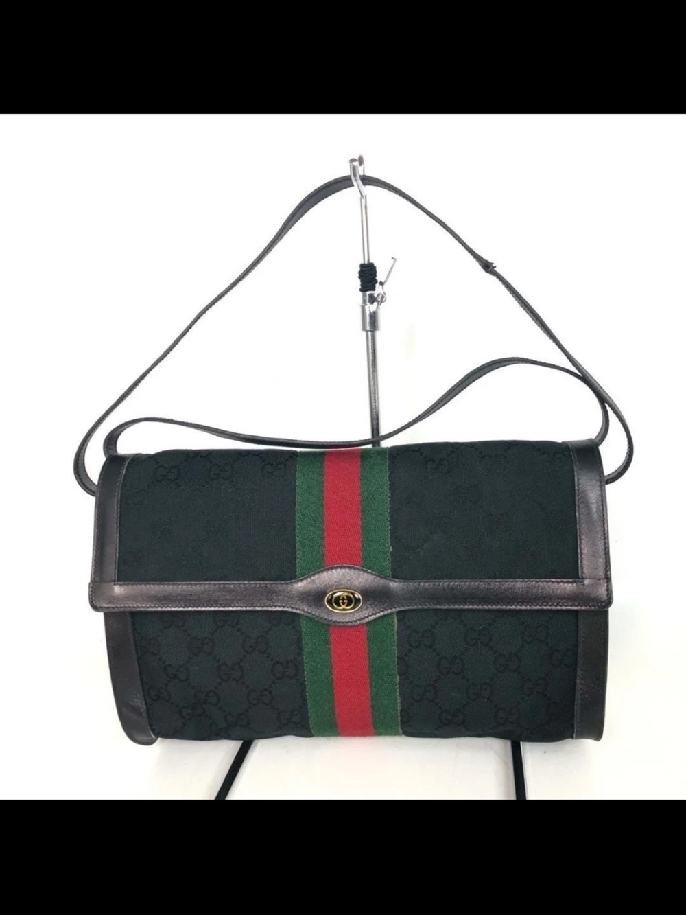Gucci Black with Green and Red Web Canvas Shoulder Bag